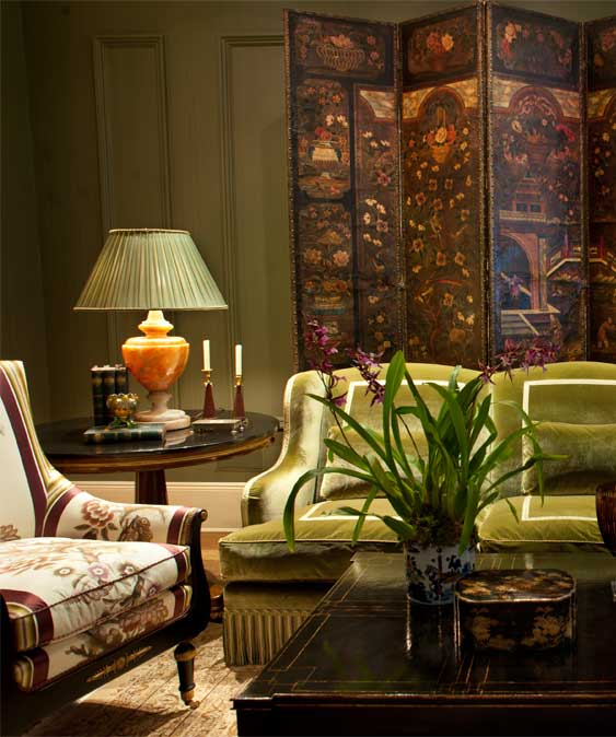 Living room with green velvet sofa, Thomas Burak Interiors