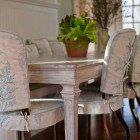 Kitchen with floral fabric-covered dining chairs, NYC, Thomas Burak Interiors